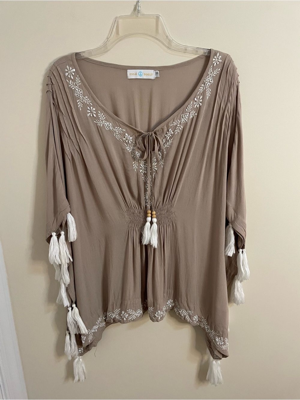 Mele Beach Embroidered Taupe Boho Tunic Top Swim Coverup with Tassels One Size
